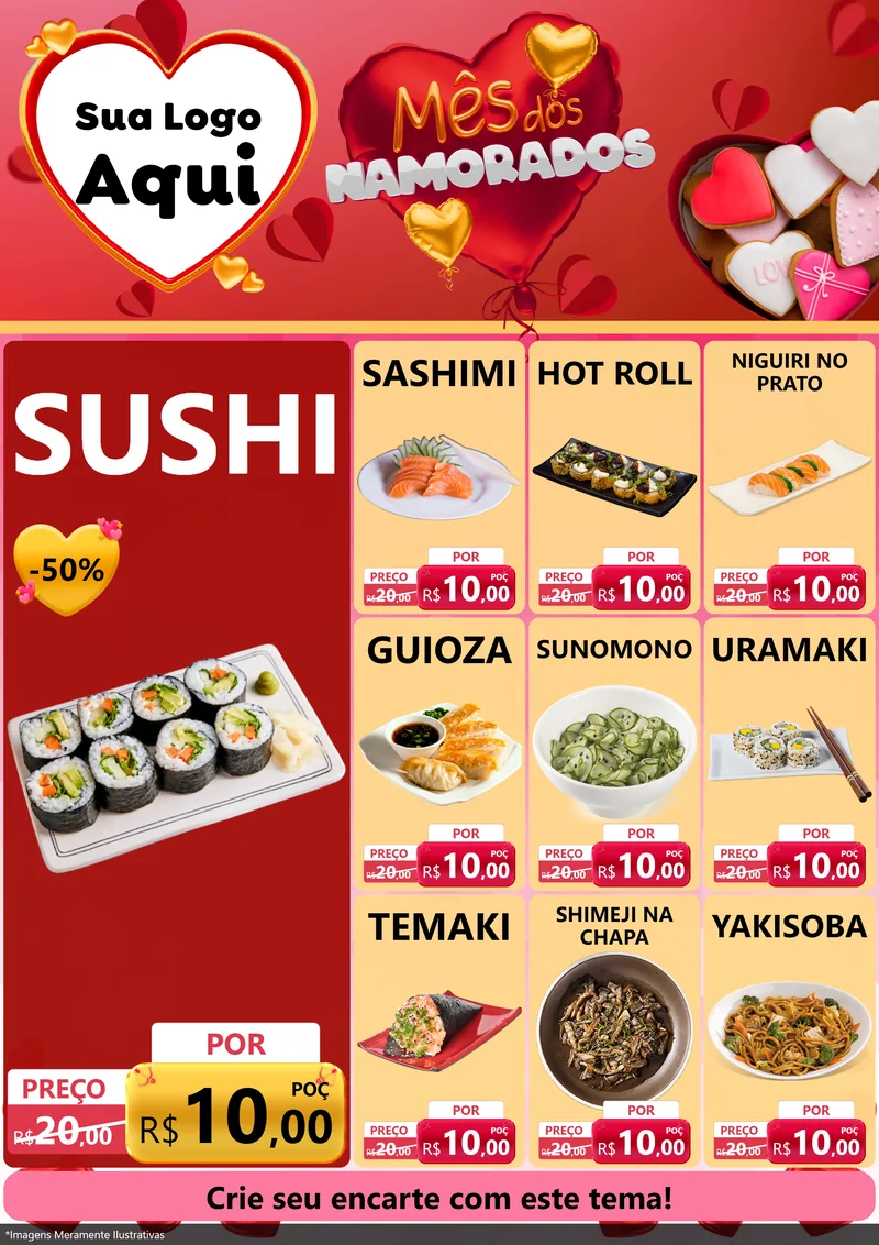 Modelo de Encarte para Encarte A4 Vertical com o tema Mês dos Namorados para Comida japonesa
