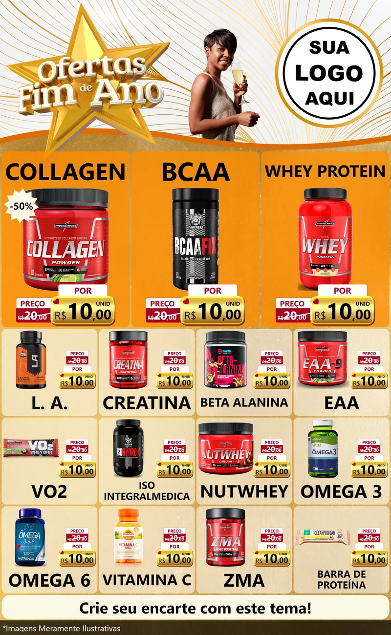 Modelo de Encarte para Encarte Grande com o tema Ofertas Fim de Ano para Suplementos alimentares