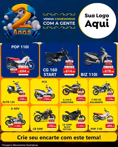Modelo de Rede Social para Feed Instagram com o tema Aniversário de 2 anos para Concessionaria de Motos