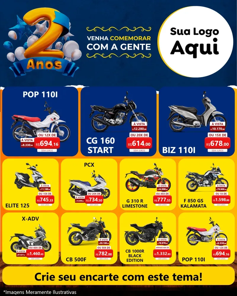 Modelo de Rede Social para Feed Instagram com o tema Aniversário de 2 anos para Concessionaria de Motos