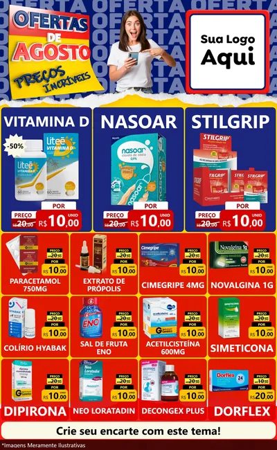 Modelo de Encarte para Encarte Grande com o tema Ofertas de Agosto - Preços Incríveis para Farmácia