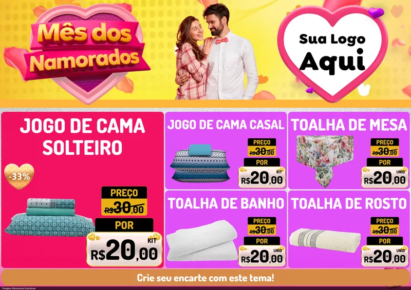 Modelo de Encarte para Encarte A4 Horizontal com o tema Mês dos Namorados para Cama, Mesa e Banho