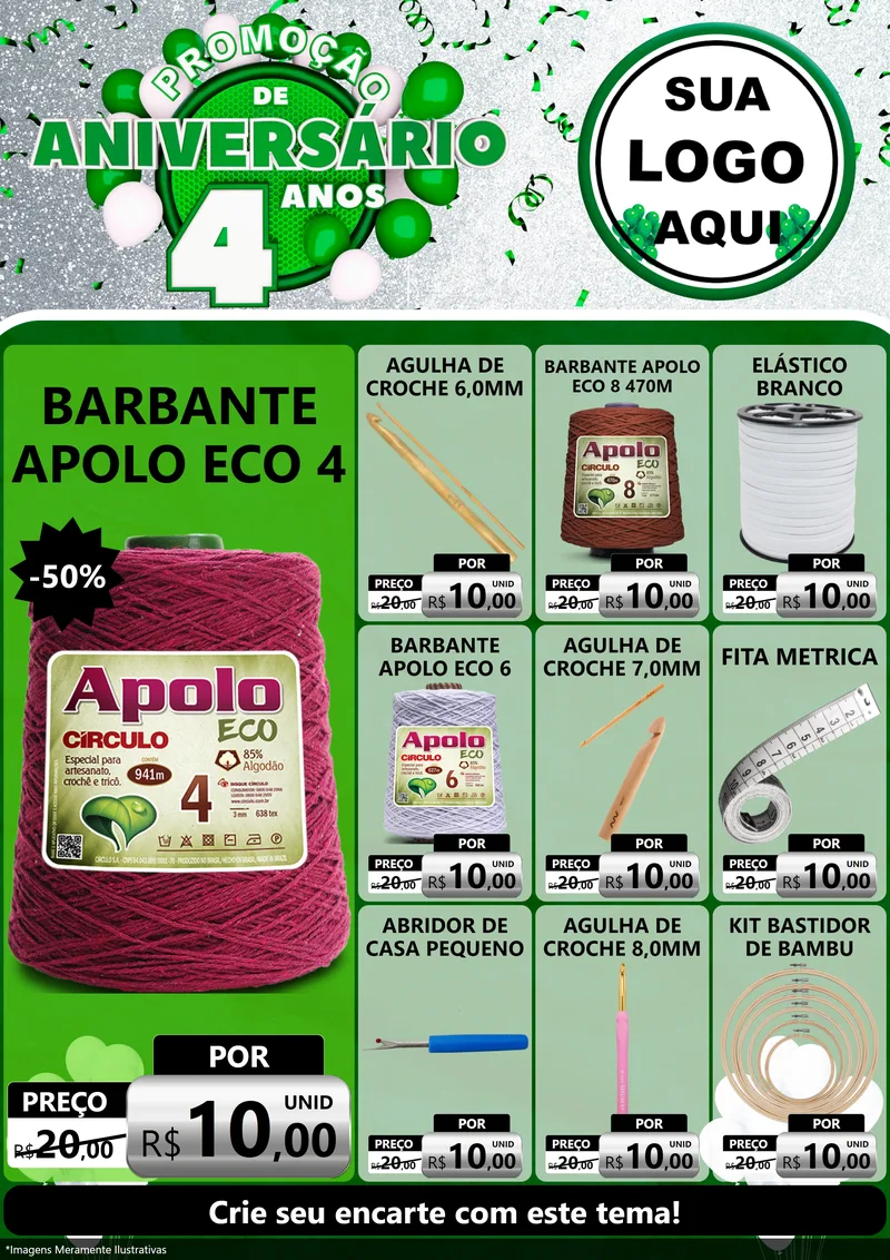 Modelo de Encarte para Encarte A4 Vertical com o tema Promoção de Aniversário - 4 Anos para Armarinho e Aviamentos