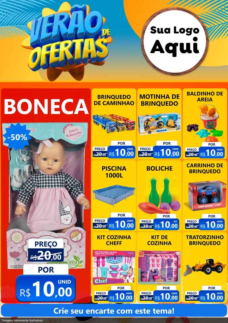 Modelo de Encarte para Encarte A4 Vertical com o tema Verão de Ofertas para Brinquedos