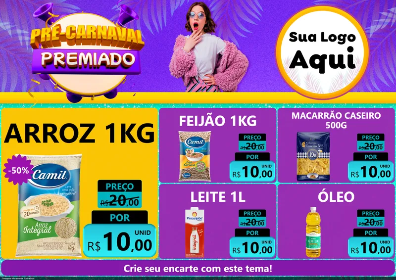 Modelo de Encarte para Encarte A4 Horizontal com o tema Pré-Carnaval Premiado para Supermercado