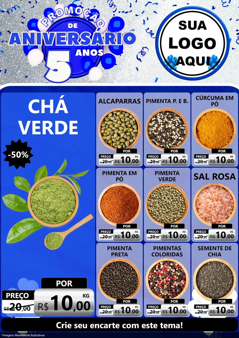 Modelo de Encarte para Encarte A4 Vertical com o tema Promoção de Aniversário - 5 Anos para Produtos Naturais