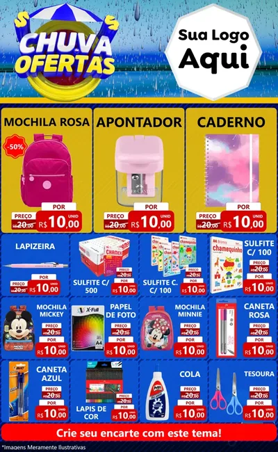 Modelo de Encarte para Encarte Grande com o tema Chuva de Ofertas para Papelaria