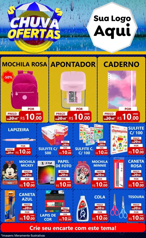 Modelo de Encarte para Encarte Grande com o tema Chuva de Ofertas para Papelaria