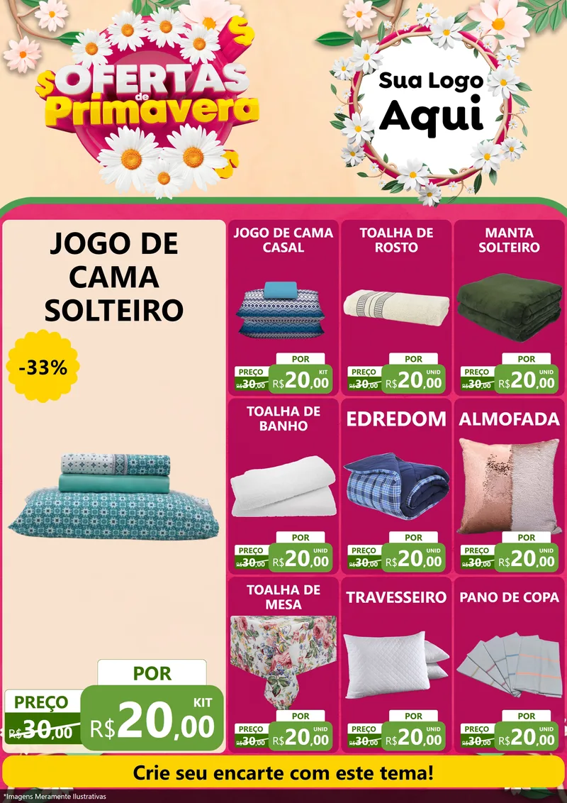 Modelo de Encarte para Encarte A4 Vertical com o tema Ofertas de Primavera para Cama, Mesa e Banho