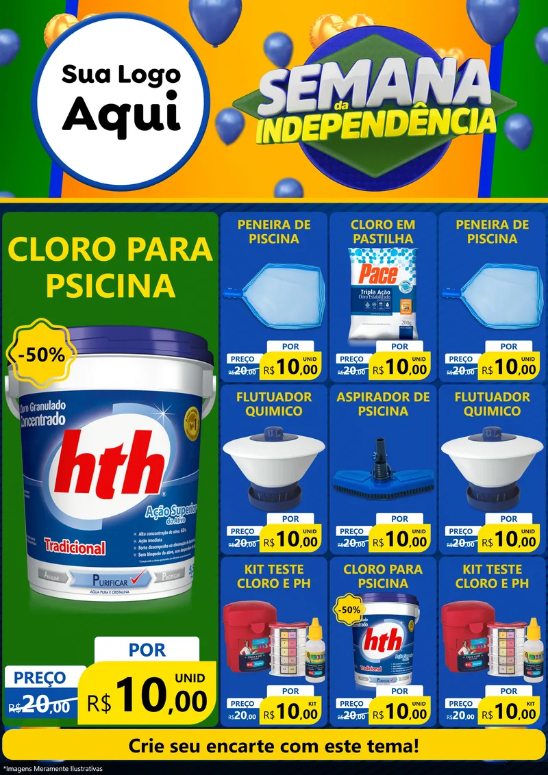 Modelo de Encarte para Encarte A4 Vertical com o tema Semana da Independência para Produtos para Piscina