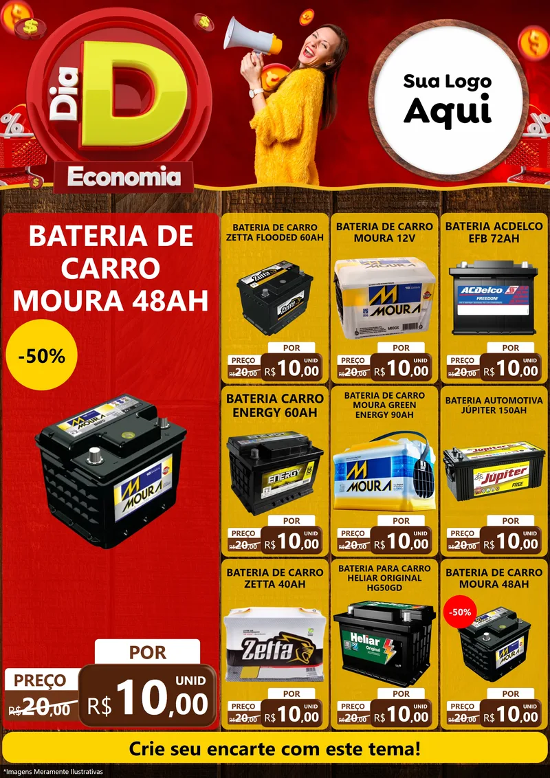 Modelo de Encarte para Encarte A4 Vertical com o tema Dia D Economia para Baterias Elétricas