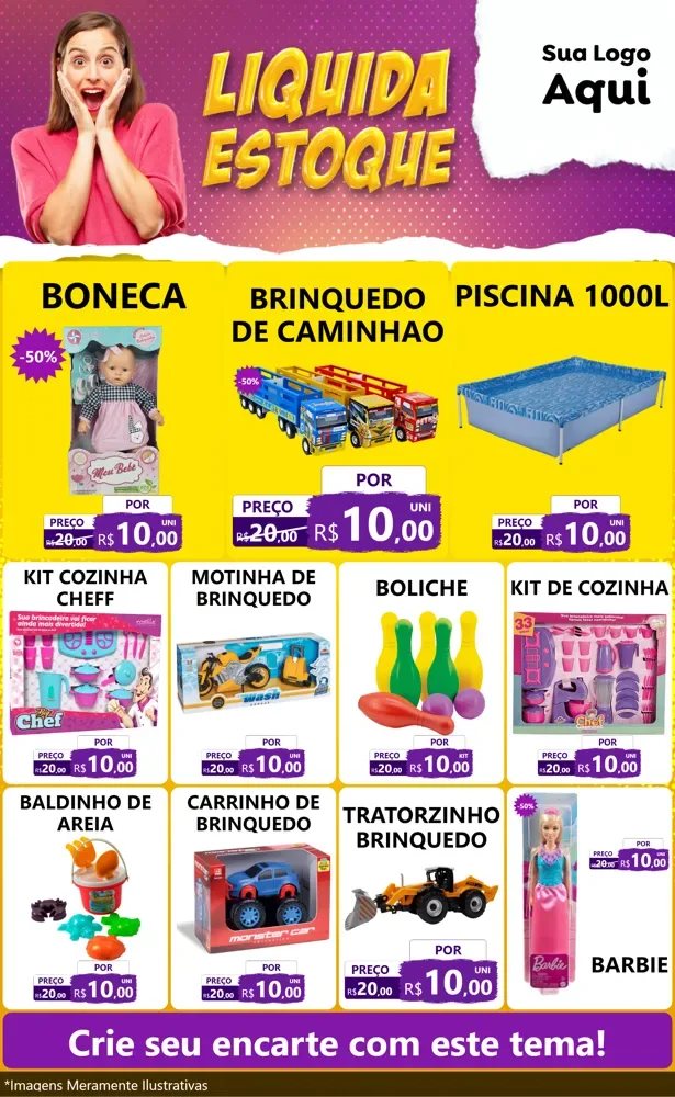Modelo de Encarte para Encarte Grande com o tema Liquida estoque para Brinquedos