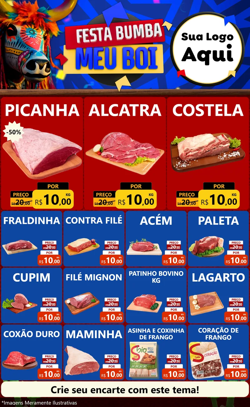 Modelo de Encarte para Encarte Grande com o tema Festa Bumba meu Boi para Açougue