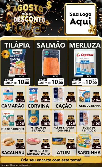 Modelo de Encarte para Encarte Grande com o tema Agosto Mês do Desconto Louco para Peixaria