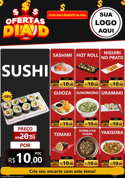 Modelo de Encarte para Encarte A4 Vertical com o tema Ofertas Dia D para Comida japonesa