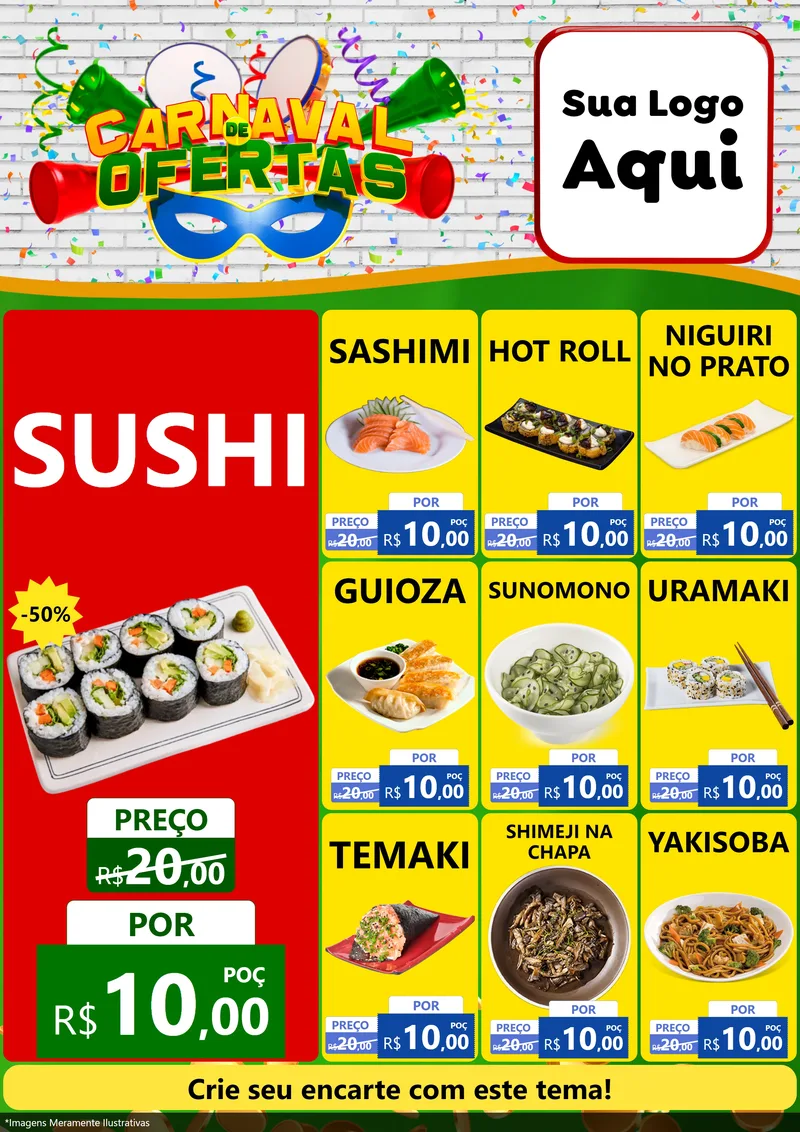 Modelo de Encarte para Encarte A4 Vertical com o tema Carnaval de Ofertas para Comida japonesa