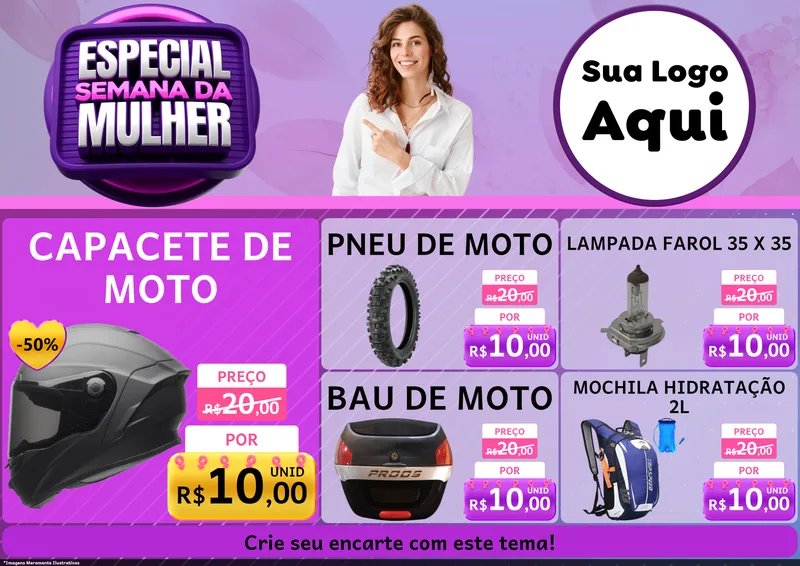Modelo de Encarte para Encarte A4 Horizontal com o tema Especial Semana da Mulher para Moto peças