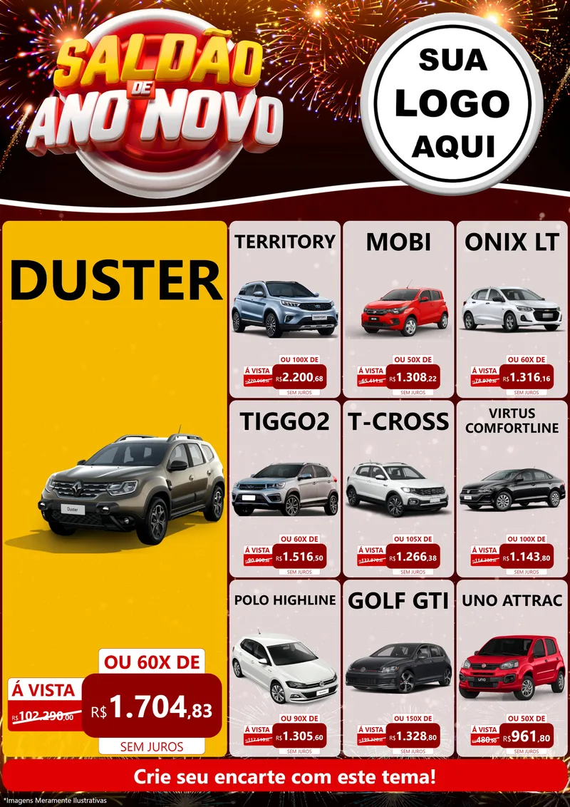 Modelo de Encarte para Encarte A4 Vertical com o tema Saldão de Ano Novo para Concessionaria de Carros