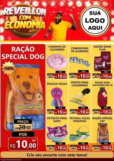 Modelo de Encarte para Encarte A4 Vertical com o tema Réveillon com Economia para Pet Shop