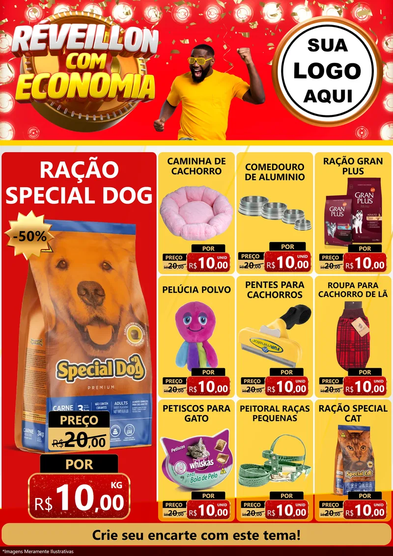 Modelo de Encarte para Encarte A4 Vertical com o tema Réveillon com Economia para Pet Shop