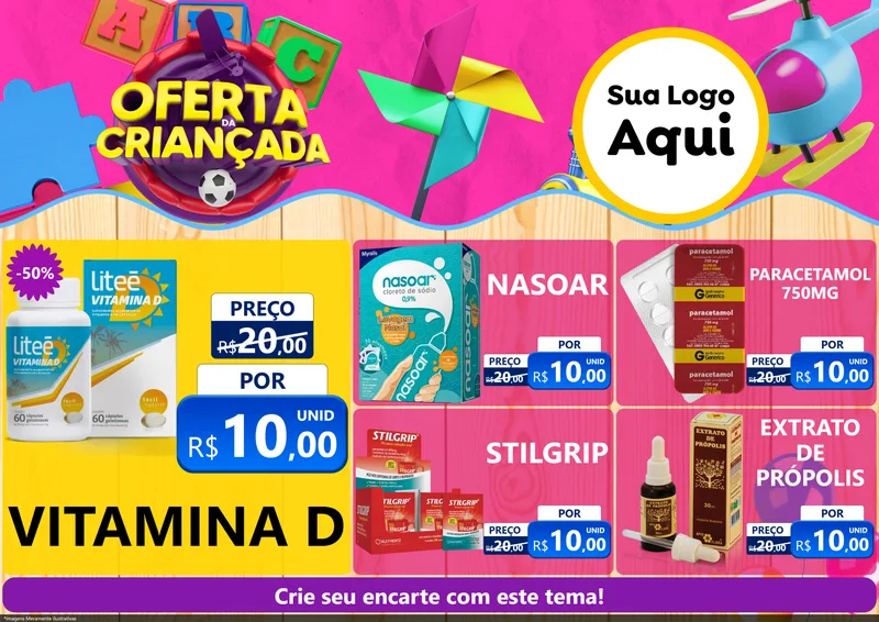 Modelo de Encarte para Encarte A4 Horizontal com o tema Oferta da Criançada para Farmácia