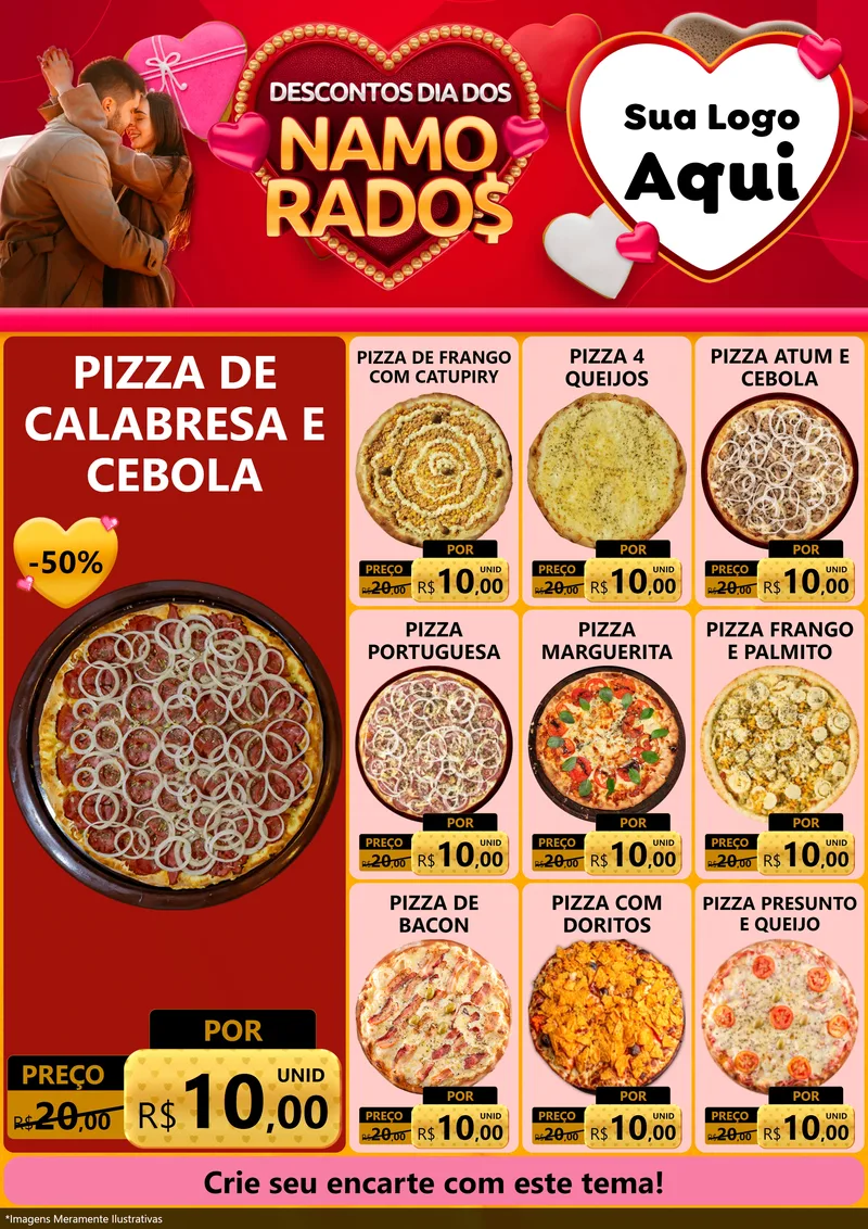 Modelo de Encarte para Encarte A4 Vertical com o tema Descontos Dia dos Namorados para Pizzaria