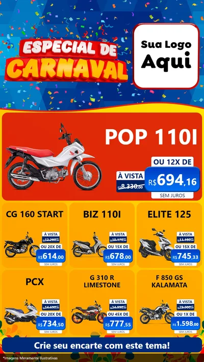 Modelo de Rede Social para Stories com o tema Especial de Carnaval para Concessionaria de Motos