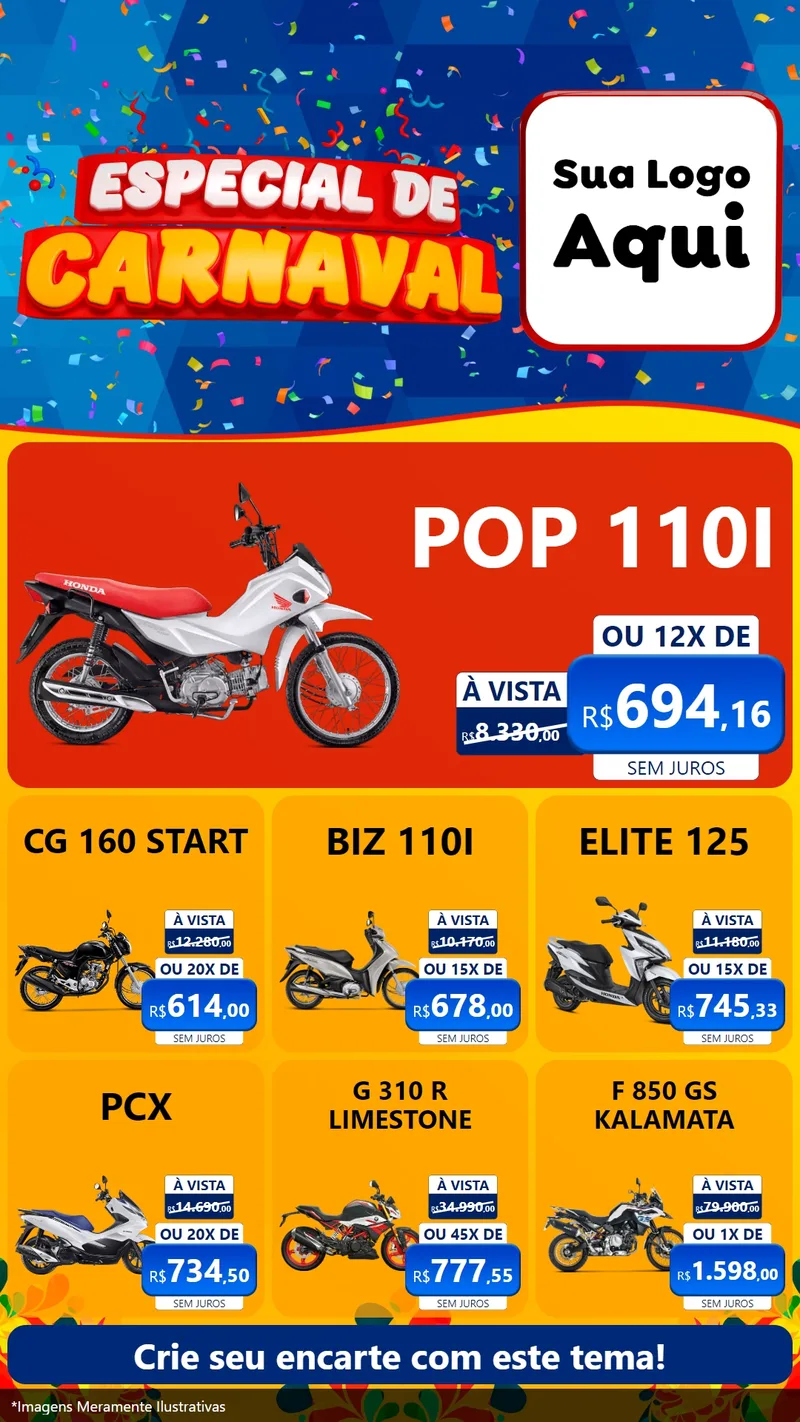 Modelo de Rede Social para Stories com o tema Especial de Carnaval para Concessionaria de Motos