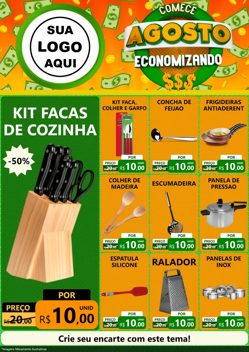 Modelo de Encarte para Encarte A4 Vertical com o tema Comece Agosto Economizando para Utilidades Domésticas