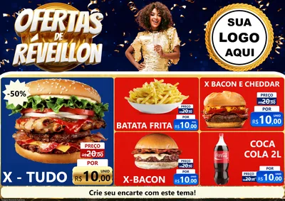 Modelo de Encarte para Encarte A4 Horizontal com o tema Ofertas de Réveillon para Hamburgueria