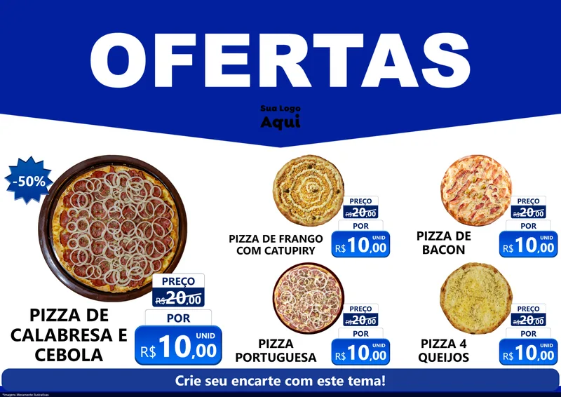 Modelo de Encarte para Encarte A4 Horizontal com o tema Ofertas Azul Cartaz para Pizzaria