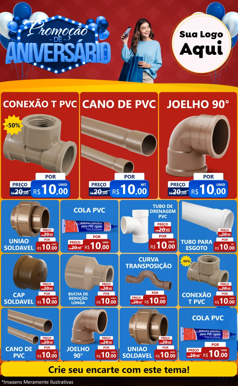 Modelo de Encarte para Encarte Grande com o tema Promoção de Aniversário para Tubos e conexões