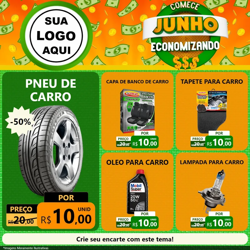 Modelo de Rede Social para Feed Facebook com o tema Comece Junho Economizando para Auto peças