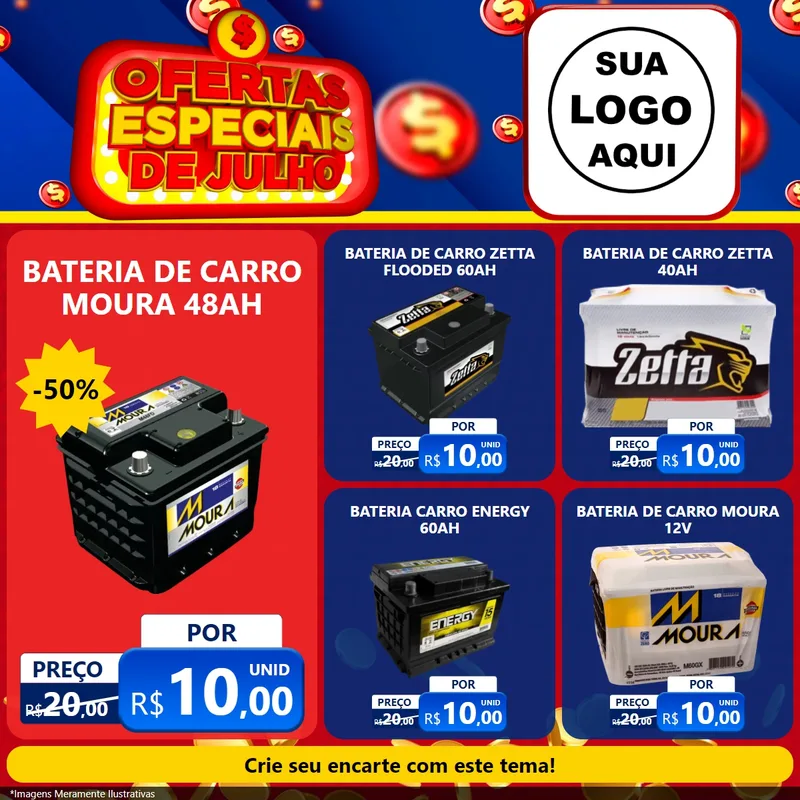 Modelo de Rede Social para Feed Facebook com o tema Ofertas Especiais de Julho para Baterias Elétricas
