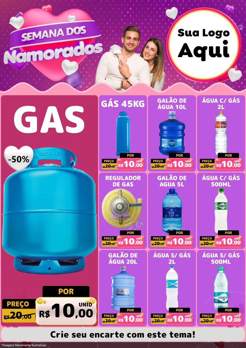 Modelo de Encarte para Encarte A4 Vertical com o tema Semana dos Namorados para Água e gás