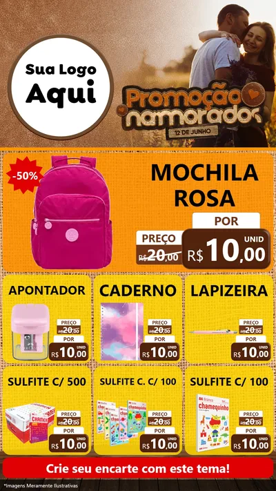Modelo de Rede Social para Stories com o tema Promoção Namorados para Papelaria
