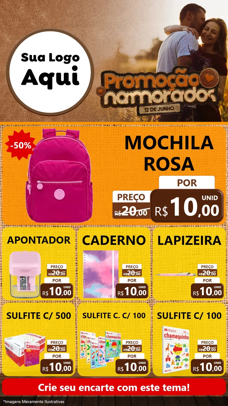 Modelo de Rede Social para Stories com o tema Promoção Namorados para Papelaria