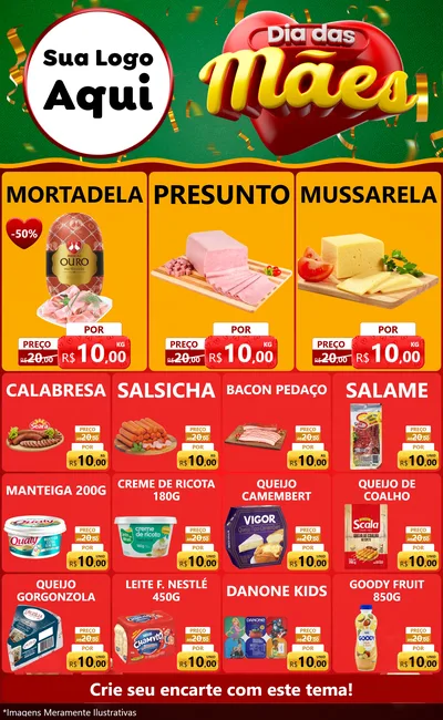 Modelo de Encarte para Encarte Grande com o tema Dia das Mães para Frios e Laticínios