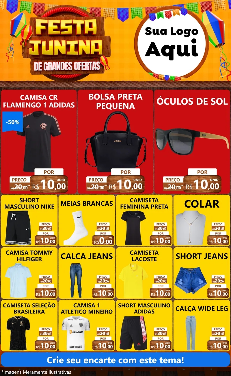 Modelo de Encarte para Encarte Grande com o tema Festa Junina de Grandes Ofertas para Roupas e acessórios