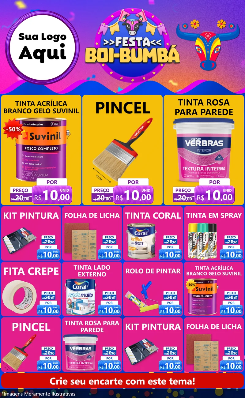 Modelo de Encarte para Encarte Grande com o tema Festa Boi-Bumbá para Tintas e Ferramentas