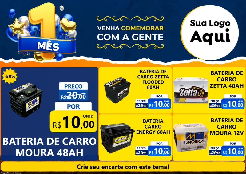 Modelo de Encarte para Encarte A4 Horizontal com o tema Um Mês de Aniversário para Baterias Elétricas