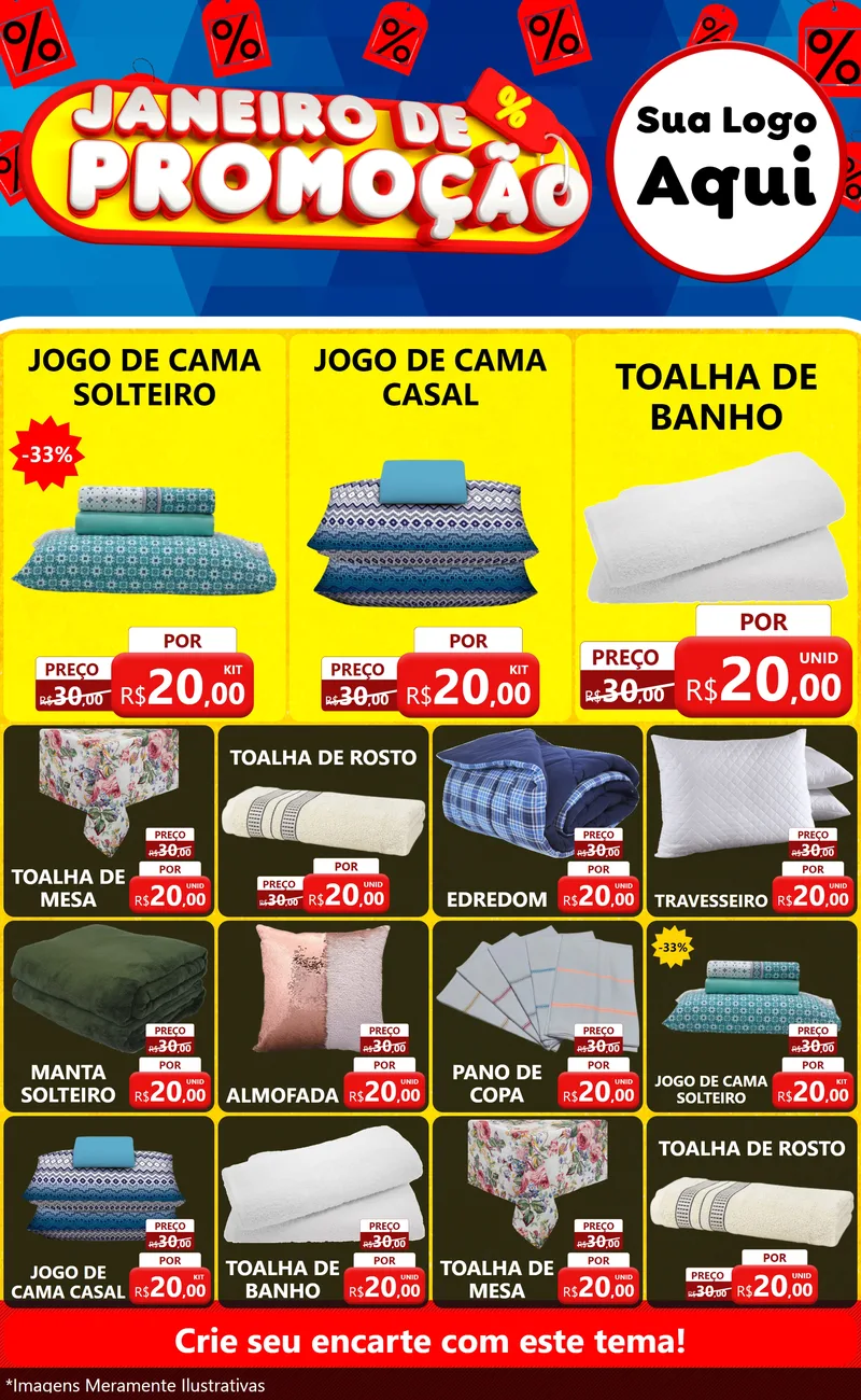Modelo de Encarte para Encarte Grande com o tema Janeiro de Promoção para Cama, Mesa e Banho