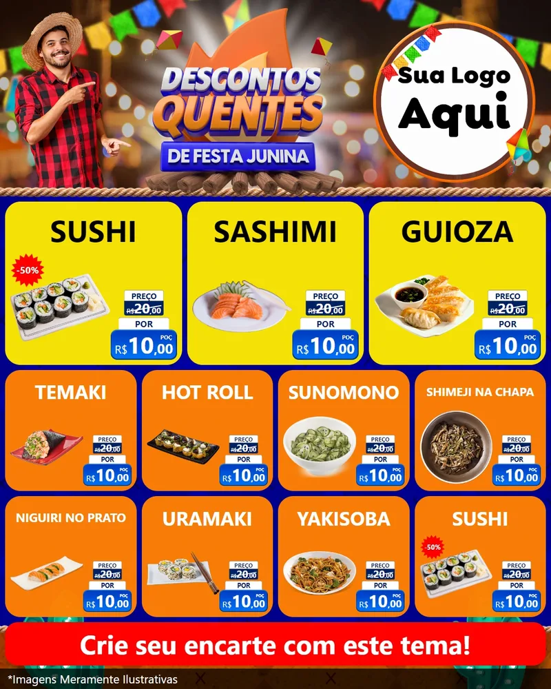 Modelo de Rede Social para Feed Instagram com o tema Descontos Quentes de Festa Junina para Comida japonesa