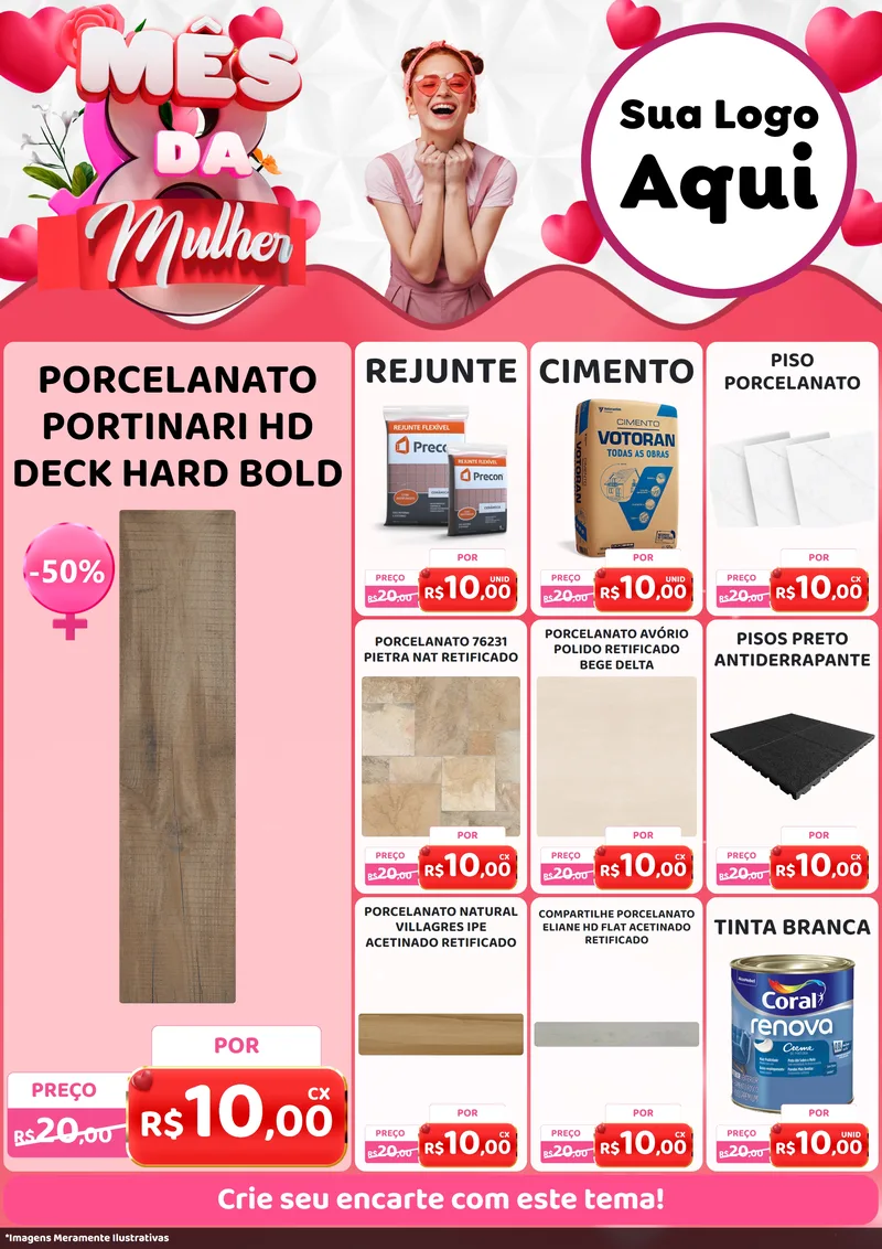 Modelo de Encarte para Encarte A4 Vertical com o tema Mês da Mulher para Pisos e revestimentos
