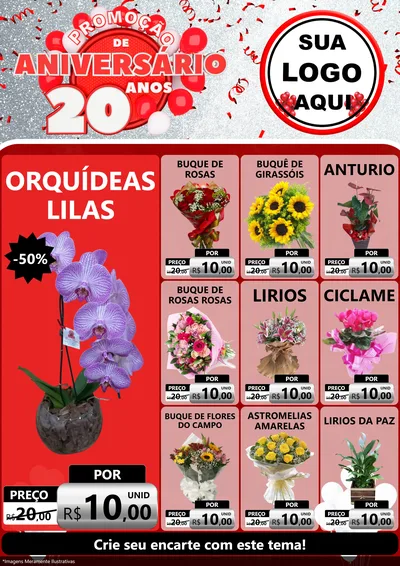 Modelo de Encarte para Encarte A4 Vertical com o tema Promoção de Aniversário - 20 Anos para Floricultura e jardim