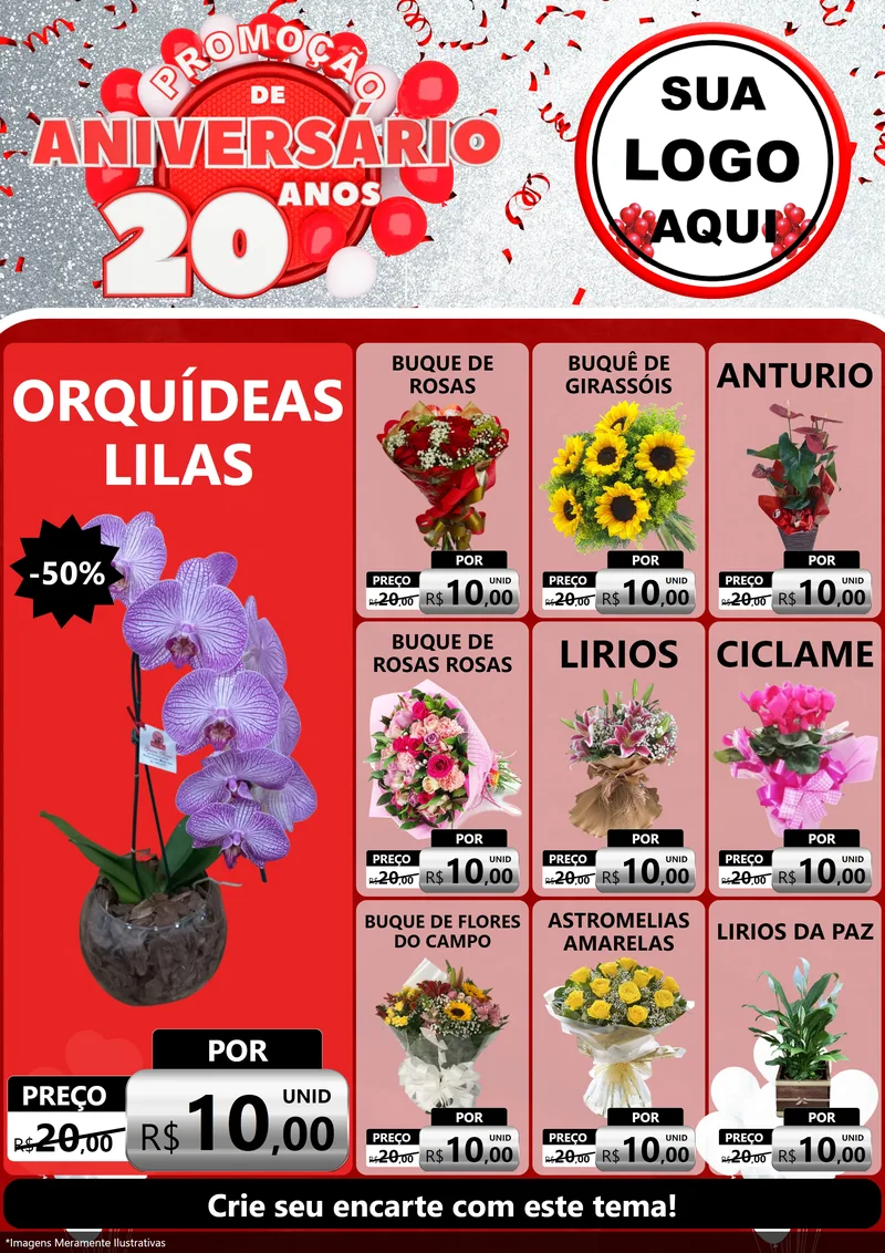 Modelo de Encarte para Encarte A4 Vertical com o tema Promoção de Aniversário - 20 Anos para Floricultura e jardim