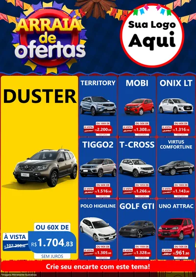 Modelo de Encarte para Encarte A4 Vertical com o tema Arraiá de Ofertas para Concessionaria de Carros