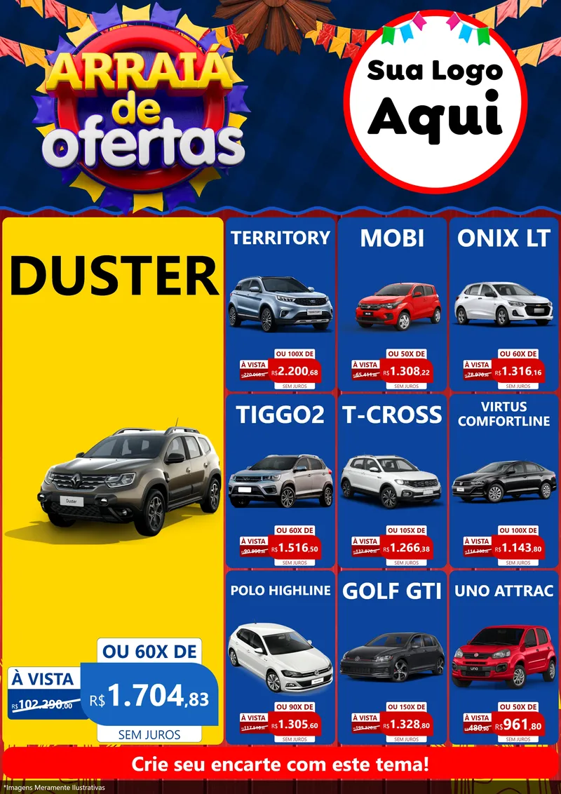 Modelo de Encarte para Encarte A4 Vertical com o tema Arraiá de Ofertas para Concessionaria de Carros