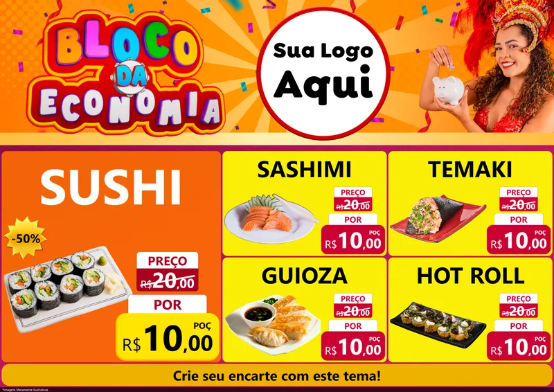 Modelo de Encarte para Encarte A4 Horizontal com o tema Bloco da Economia para Comida japonesa