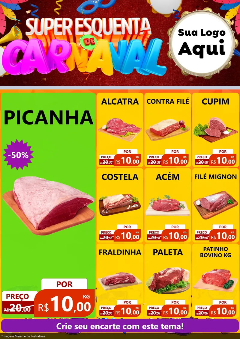 Modelo de Encarte para Encarte A4 Vertical com o tema Super Esquenta de Carnaval para Açougue